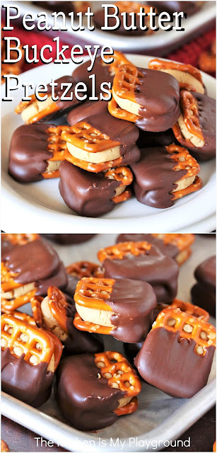 Peanut Butter Buckeye Pretzels ~ A pretzel twist on the iconic Buckeyes treat, Buckeye Pretzels are loaded with salty, crunchy, peanut butter-chocolate deliciousness that's just perfect for Christmas gifting & snacking!  www.thekitchenismyplayground.com