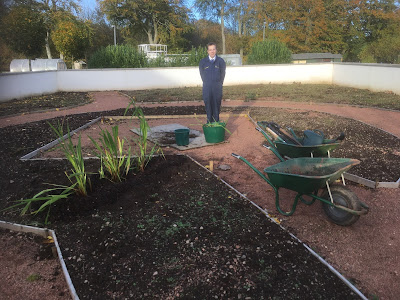 Pupil standing with a little planting in the foreground and lots of soil raked and weeded.