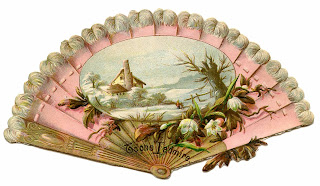 [Image description] Vintage art work of a pink open fan with fluffy white tips. An oval image sits infront of the fan framed by small dropping white flowers.  The image is of a house in a snowy field.   
