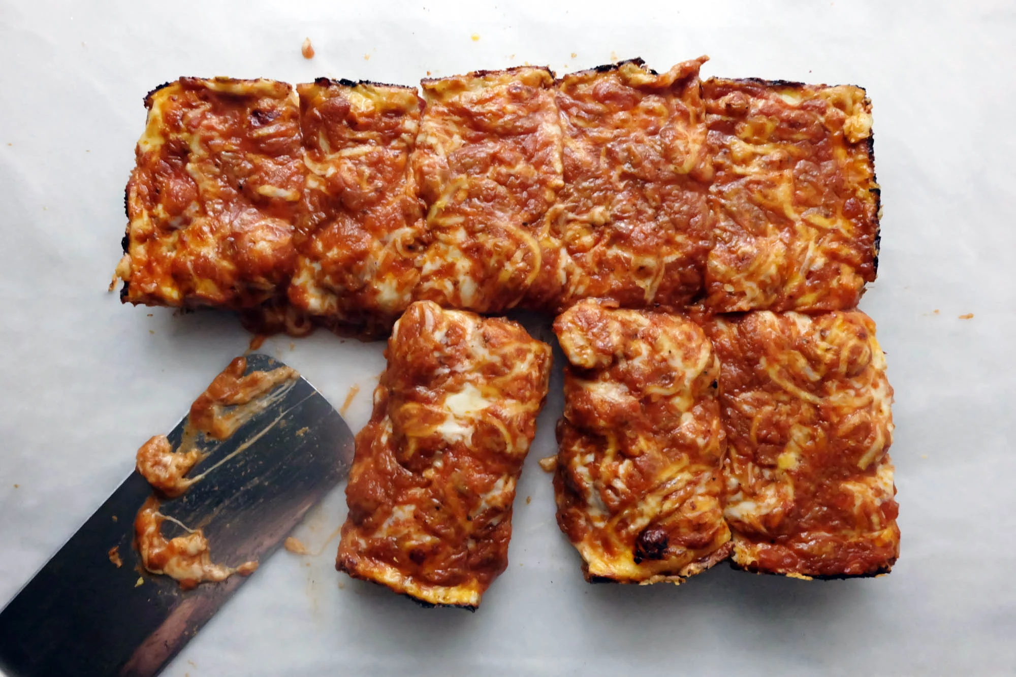 baked and sliced Detroit style pizza