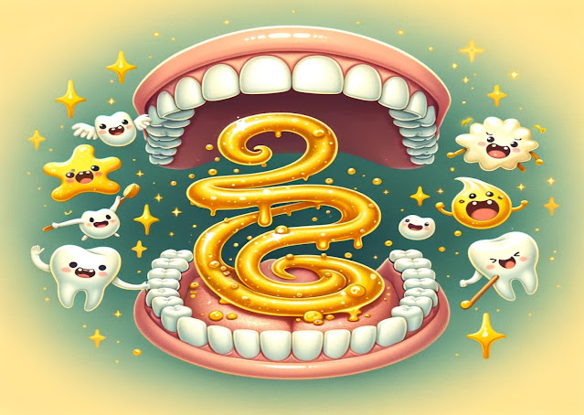 Animated depiction of a mouth engaged in oil pulling, with a swirl of golden castor oil drawing out impurities, symbolizing the fast-acting benefits.