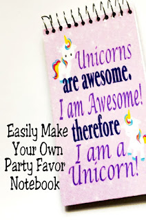 Easily make your own personalized party favors for any party theme with these easy notebook party favors.  Using these simple step by step directions, you can make a notebook out of a fun printable that's perfect for any party. #partyfavor #unicorn #notebook #diynotebook #upcyclenotebook #diypartymomblog