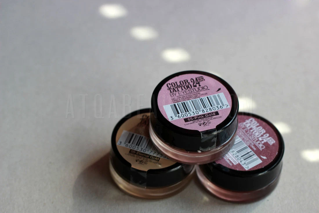 Maybelline, Color Tattoo 24 HR, 05 Eternal Gold, 65 Pink Gold i 70 Metallic Pomegranate