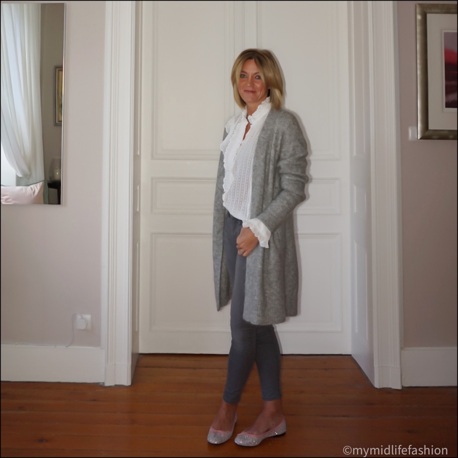 my midlife fashion, acne studios oversized longline cardigan, Isabel Marant Etoile frill detail blouse, j crew 8 inch toothpick skinny jeans, French sole Henrietta glitter ballet pumps