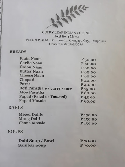 Indian Restaurant Menu in Subic Bay