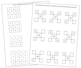 na zdjęciu dwie kartki a4 z ćwiczeniami. Tabelkami, w których wypełniamy liczby aby dały wynik dziesięć.