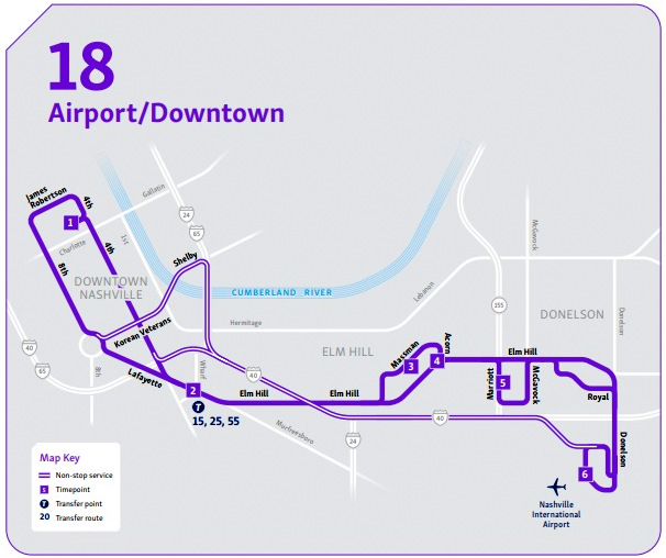 Mapa da linha de ônibus do aeroporto para o Centro de Nashville
