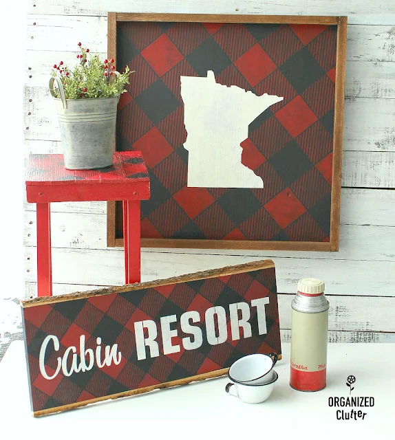 Buffalo Check Minnesota/Up North/Cabin Decor Ideas #cabindecor #buffalocheck #buffaloplaid #oldsignstencils #stencil #upcycle #repurpose