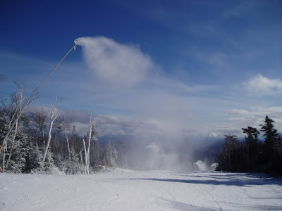 High efficiency snowmaking guns in operation at Gore last winter.  These guns operate at just 20-25% of the energy requirement of the guns they replace.  The 160 guns purchased at Gore last year save $150 thousand in electricity annually, paying for themselves in 4 years.

The Saratoga Skier and Hiker, first-hand accounts of adventures in the Adirondacks and beyond, and Gore Mountain ski blog.