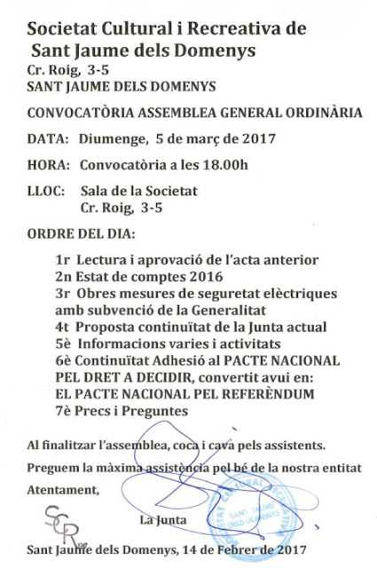 Assemblea General Ordinaria SRC Sant Jaume dels Domenys, diumenge 5 de març de 2017