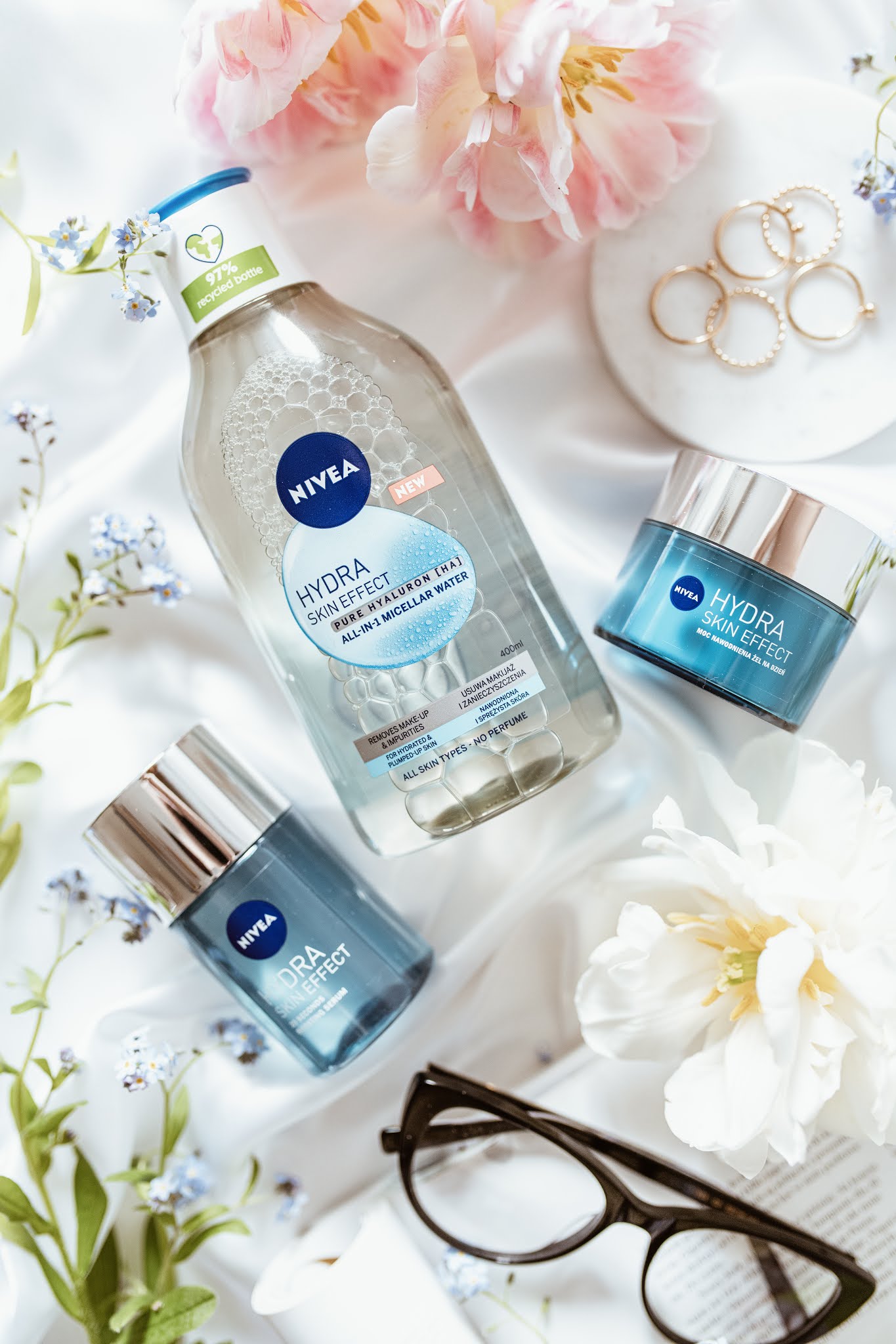 NIVEA HYDRA SKIN EFFECT PŁYN MICELARNY, ŻEL NA DZIEŃ, ESENCJA-SERUM