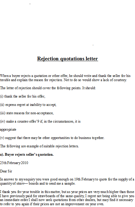 Quotation Rejection Letter Sample