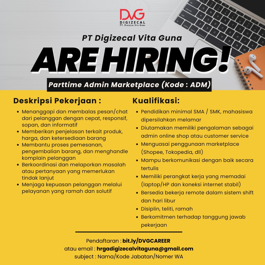Loker Admin Marketplace, Live Streamer, dll di PT Digizecal Vita Guna Karanganyar