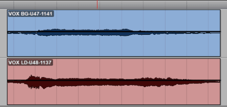 Vocal Tracks With Clip Gain Line Showing in Avid Pro Tools