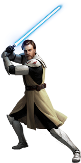 Obi-Wan Kenobi, Jedi General, his lightsaber at the ready.