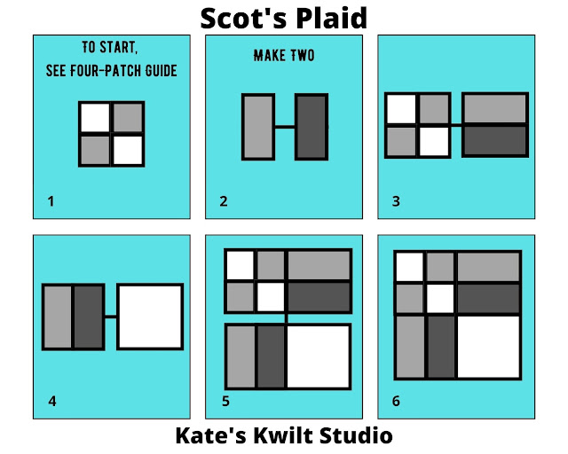 Sewing guide for the quilt block "Scot's Plaid." Squares and rectangles with connecting lines showing how the different pieces should come together to create the block.