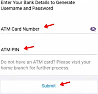 enter atm card no and atm pin no and click submit