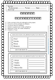 atividades de colocar palavras em ordem alfabética, ordem do alfabeto, sistema alfabético de alfabetização