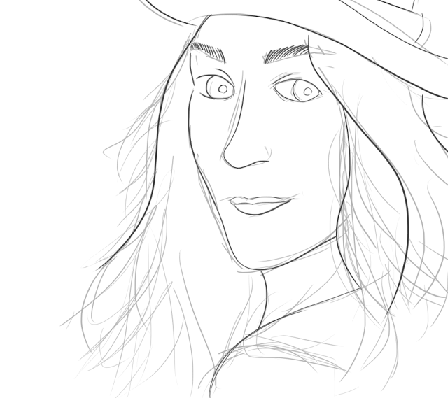 Image description: a digital doodle of Sara Bareilles wearing a hat and looking over her shoulder. End description