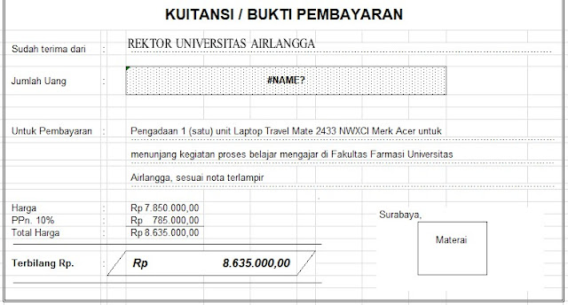 contoh kwitansi dalam format excel yang bisa langsung kalian rubah sesuai dengan transaksi pembayaran