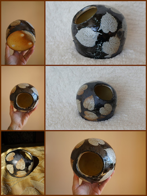 Soda fired and Davidii involucrata (dove tree) imprinted pottery by Lily L.