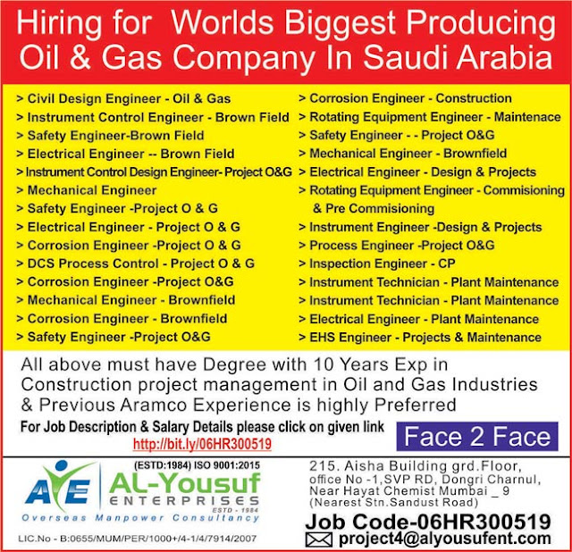 Large Number of Job Vacancies in Oil & Gas (Brownfield) in Saudi Arabia Al Yousuf Enterprises, Dongri - Overseas Placement Services
