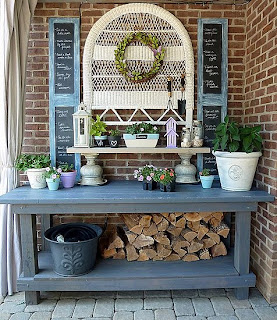 Old work bench turned into a blue Potting Bench