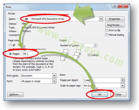 Gambar: Cara melakukan print / mencetak mulai dari halaman belakang menuju ke halaman depan  di Microsoft Word 2007