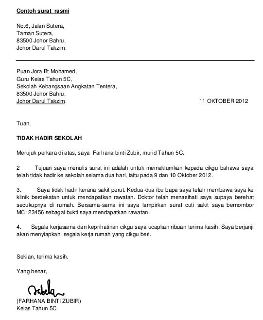 Contoh Surat Rasmi Tidak Hadir Ke Sekolah 