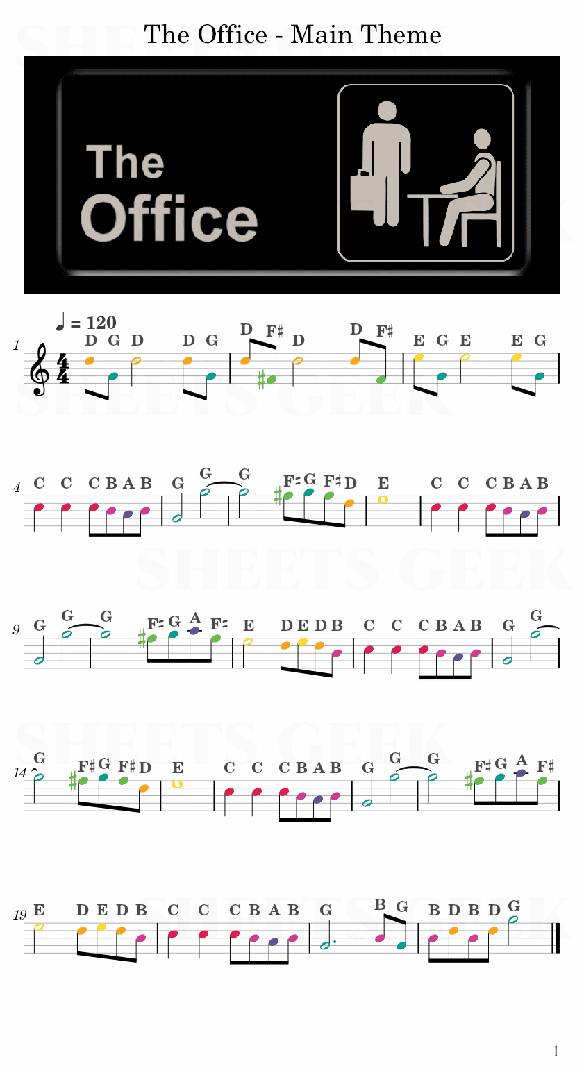 The Office - Main Theme Easy Sheet Music Free for piano, keyboard, flute, violin, sax, cello page 1