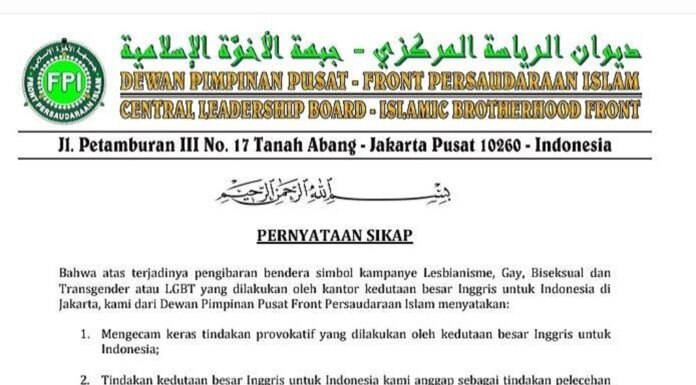 FPI Soal Bendera LGBT: Kedubes Inggris Akan Dikeluarkan Dari Indonesia Jika Tidak Patuhi Aturan!