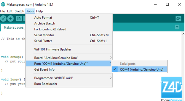 Select Serial Port on arduino software