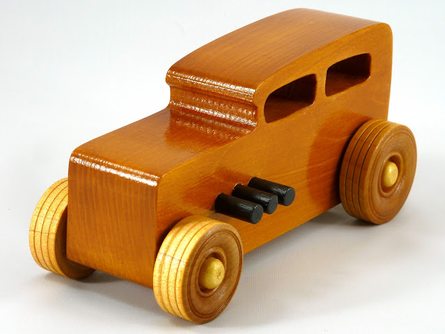 Handmade Wood Toy Car, The 1932 Ford Sedan From the Hot Rod Freaky Ford Series Finished with Amber Shellac and Black and Metallic Gold Acrylic Paint