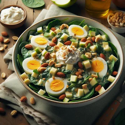 Auf dem Bild sieht man eine Schüssel mit einem leckeren fruchtigen Spinatsalat. Grüner Blattspinat, gekochte Eierviertel, Apfelstücke und Erdnusskerne vereinen sich mit einer Curry-Schmand-Sauce. Der fruchtige Spinatsalat sieht sehr lecker und appetitlich aus.