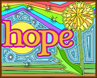 Hope on a rainbow background with dandelion and dandelion fluff