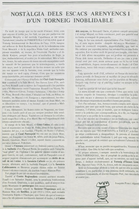 Sección de Ajedrez del Casal Parroquial, Vida Parroquial, nº 419 - Septiembre de 1983