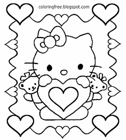 Girl teens Saint Valentines Day pretty teddy bear Hello Kitty colouring book page sweet heart border