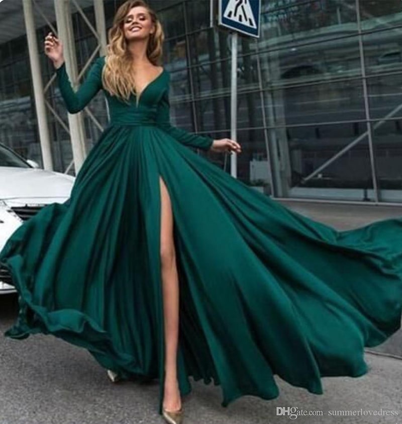 2018 Dark Green Long Sleeves V Neck Evening Dresses Ruffles Split Floor Length Formal Party Prom Dresses 