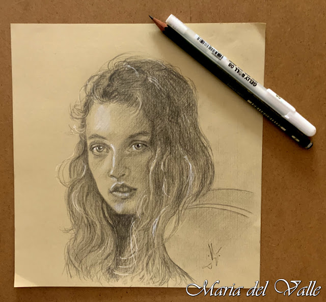 Pencil portrait with pencil and white ink