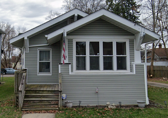 front view color photo of grey vinyl clad house, Sears Clyde, 708 Rudolph Ave, Cuyahoga Falls, Ohio
