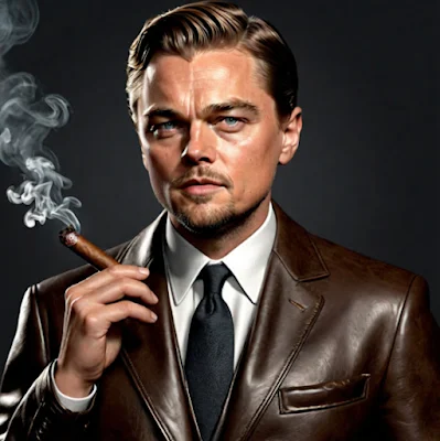 Cartoon like Leonardo DiCaprio from the chest up smoking a cigar wearing a dark brown leather blazer