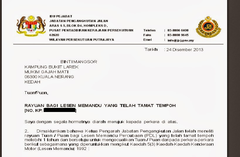 Contoh Surat Rayuan Permohonan Sambung Lesen