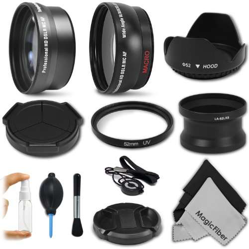 Complete Accessory Kit for PANASONIC LUMIX DMC-LX5, LEICA D-LUX 5 - Includes: 0.43x Wide Angle (w/ Macro Portion) and 2.2x Telephoto High Definition Lenses + 52MM Lens Adapter Tube + Auto Lens Cap + UV Filter + Tulip Lens Hood + Center Pinch Lens Cap + Lens Cap Keeper + Deluxe Cleaning Kit + MagicFiber Microfiber Cloth