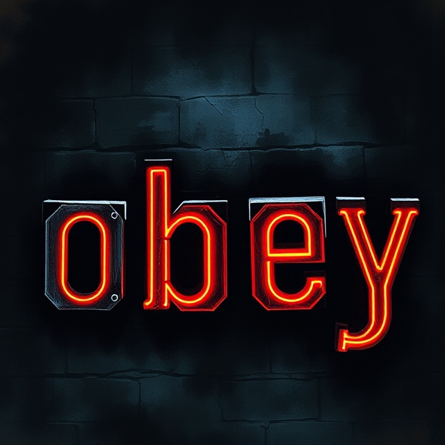 "Obey" in red neon letters