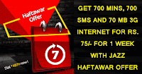 Get 700 Mins 700 SMS 70 MB 3G Internet Jazz Haftawar Package