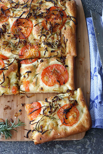 Focaccia with Caramelized Onions, Tomato and Rosemary