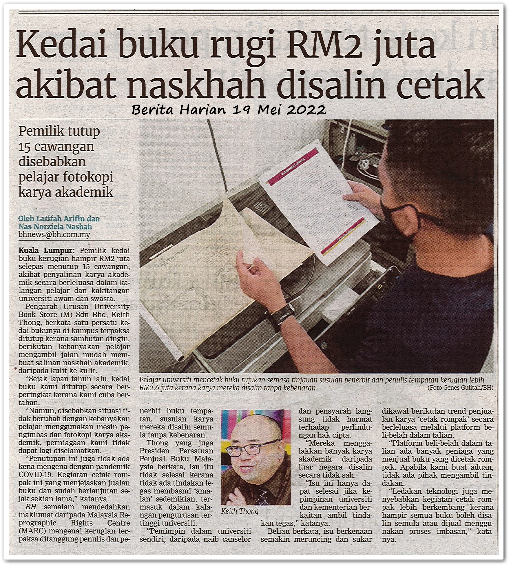 Kedai buku rugi RM2 juta akibat naskhah disalin cetak - Keratan akhbar Berita Harian 19 Mei 2022