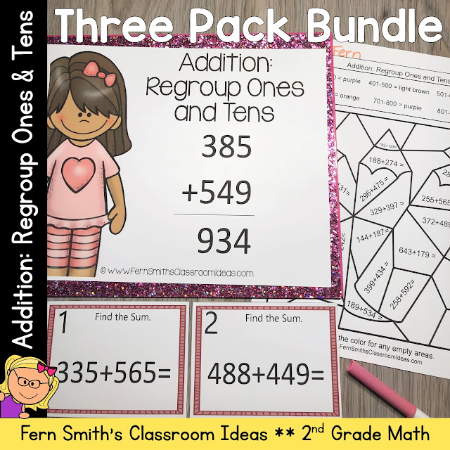 Click Here to Download This Second Grade Math Addition: Regroup Ones and Tens Color by Numbers, Center Games, and Task Cards Resource Bundle