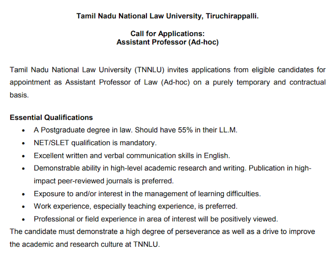 Assistant Professor of Law at Tamil Nadu National Law University, Tiruchirappalli - last date 05th July, 2019