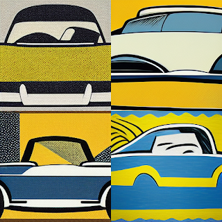 Several car-like objects rendered in a pop-art style